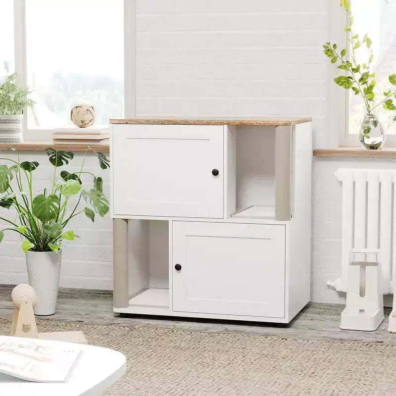 Katzentoiletten-Gehäuse mit zwei Kammern, verstecktes Katzentoiletten-Möbel mit Kratzstämmen und doppellagigen Streumatten für das Zuhause