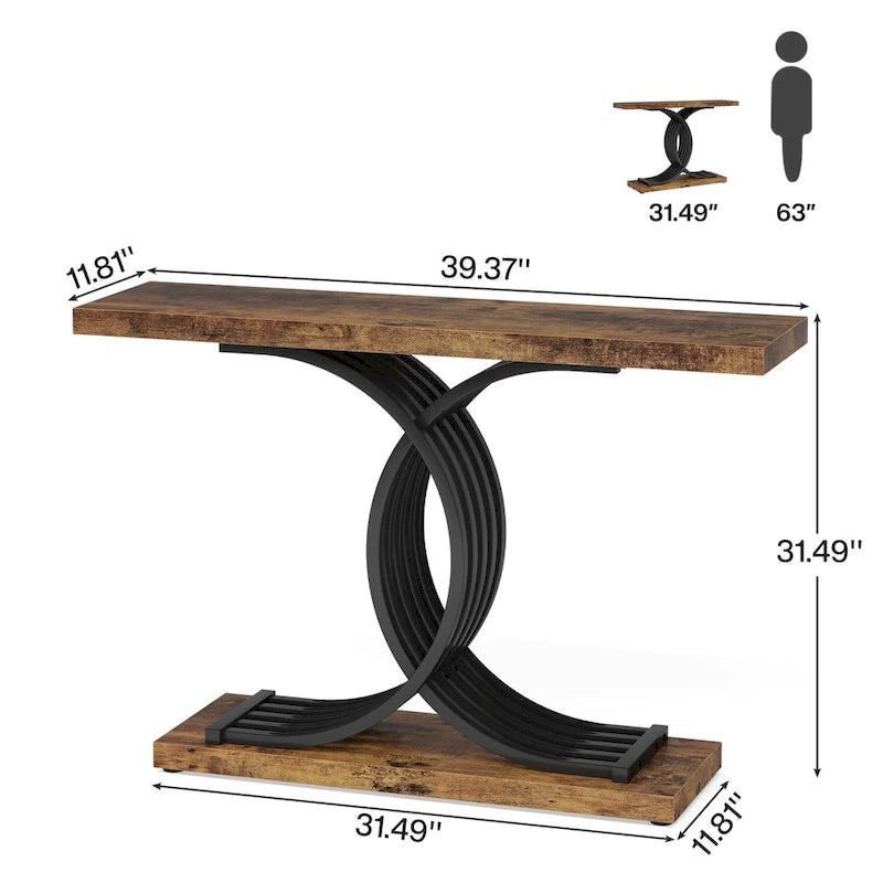 Schwarzer/goldener moderner Konsolentisch mit Marmoroptik-Tischplatte, 99 cm breiter Holztisch für den Eingangsbereich mit geometrischen Metallbeinen