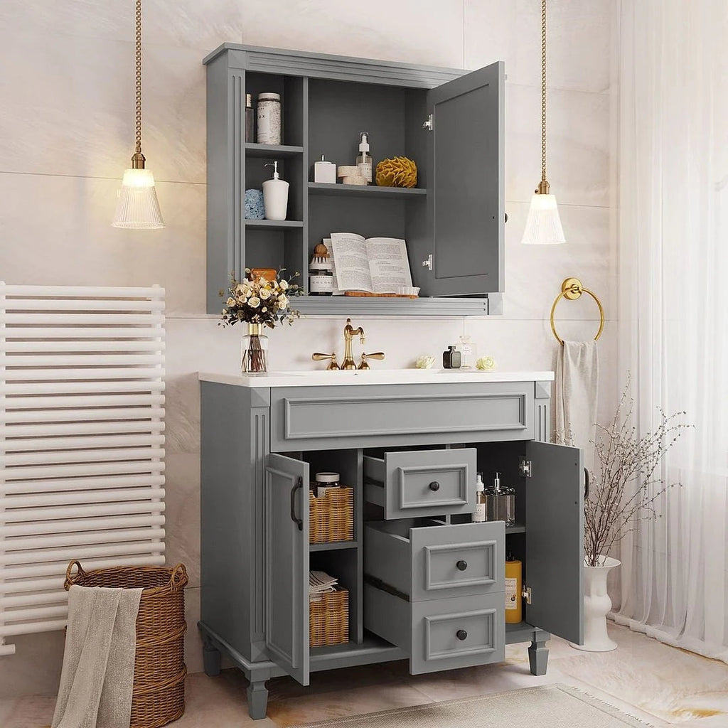 36" Moderner Badezimmer-Waschtisch mit Aufsatzwaschbecken und Spiegelschrank, 2 Türen und 2 Schubladen