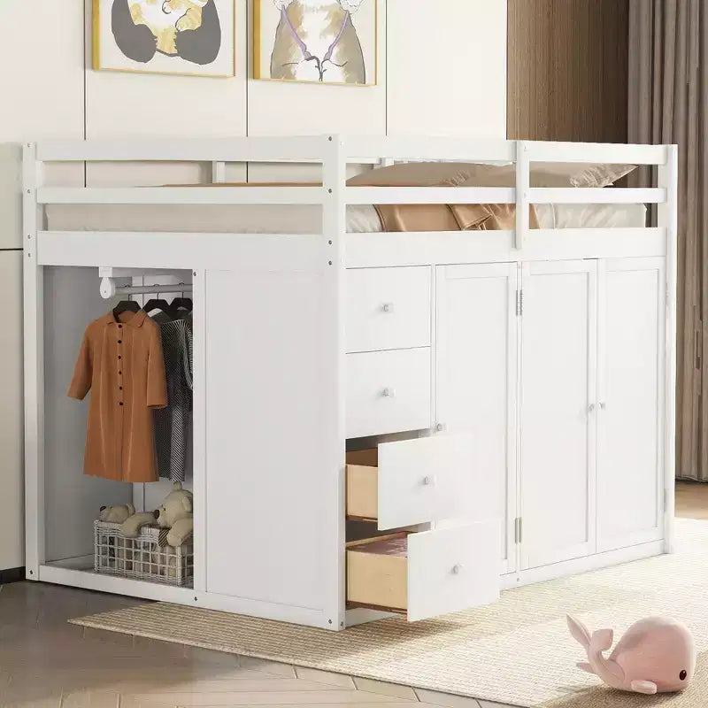 Teddy-Fleece-Tagesbett mit Staubrett und Schubladen, hohes Hochbett aus Holz mit vielseitigem Schreibtisch fürs Schlafzimmer