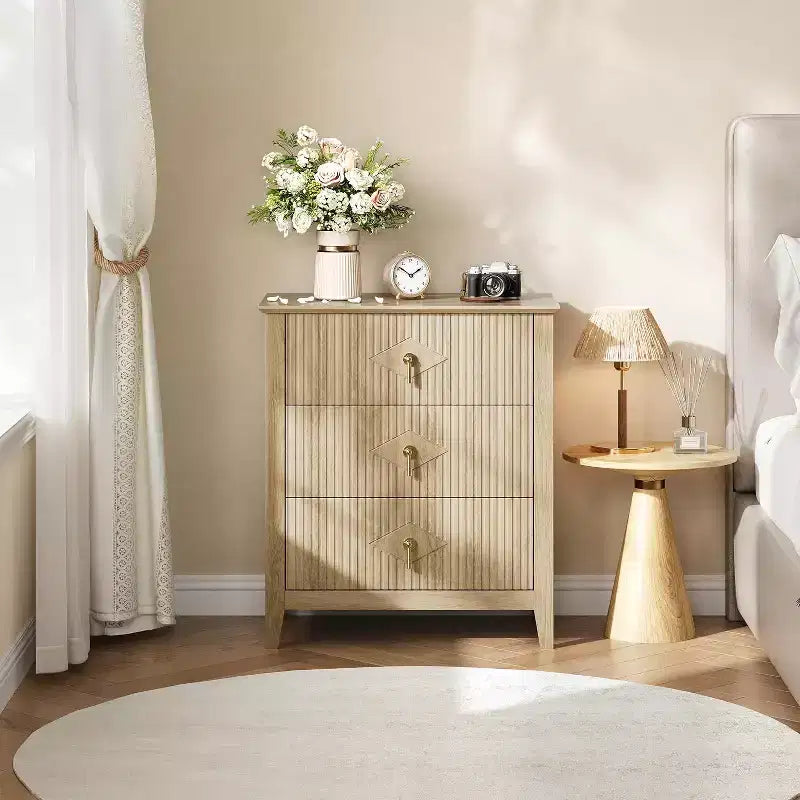 2 Stück geriffelte Holz-Nachttische, 27,5 breit, 3-Schubladen-Kommoden-Set, moderne Beistelltische, Schubladenschrank für Schlafzimmer und Wohnzimmer