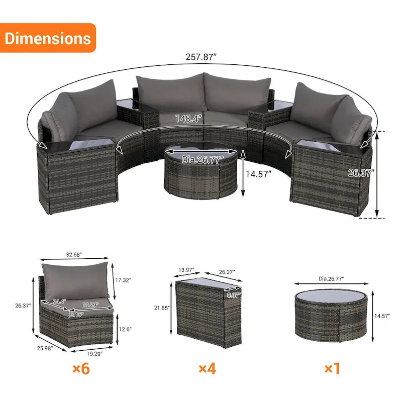 11-teiliges modulares Outdoor-Sofa-Set mit halbrunden Elementen, Couchtisch aus gehärtetem Glas und 4 Beistelltischen