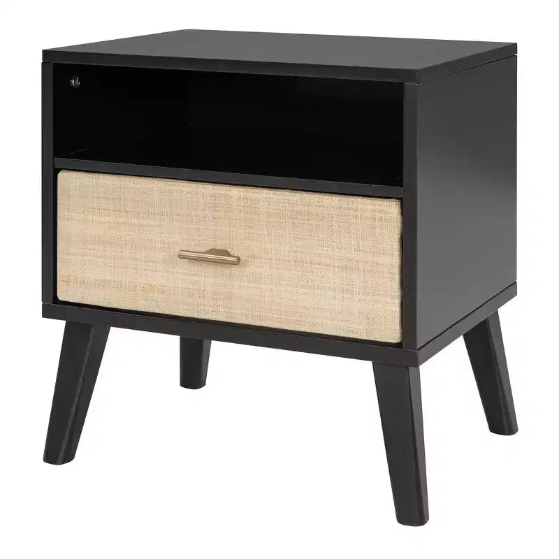 Queen-Size-Bettgestell aus Massivholz mit 2 Nachttischen, elegantes Plattformbett aus Rattan-Holz-Kombination mit Lampen - ModernLuxe