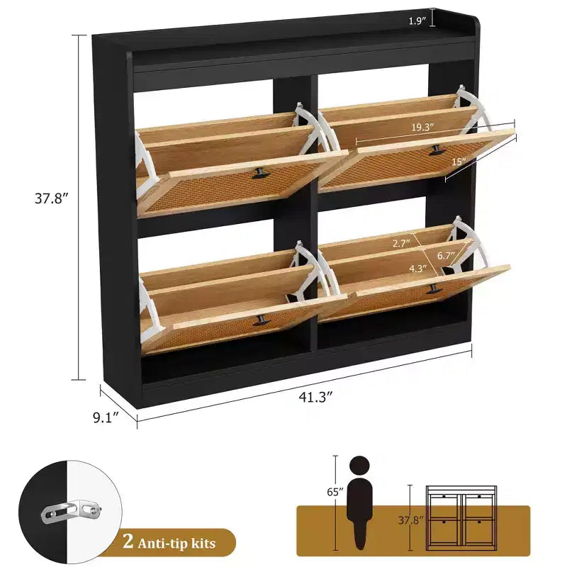 Schuhschrank mit 4 Klappfächern, Schuhschrank aus Holz mit Rattantüren und verstellbaren Einlegeböden – freistehender Schuh-Organizer