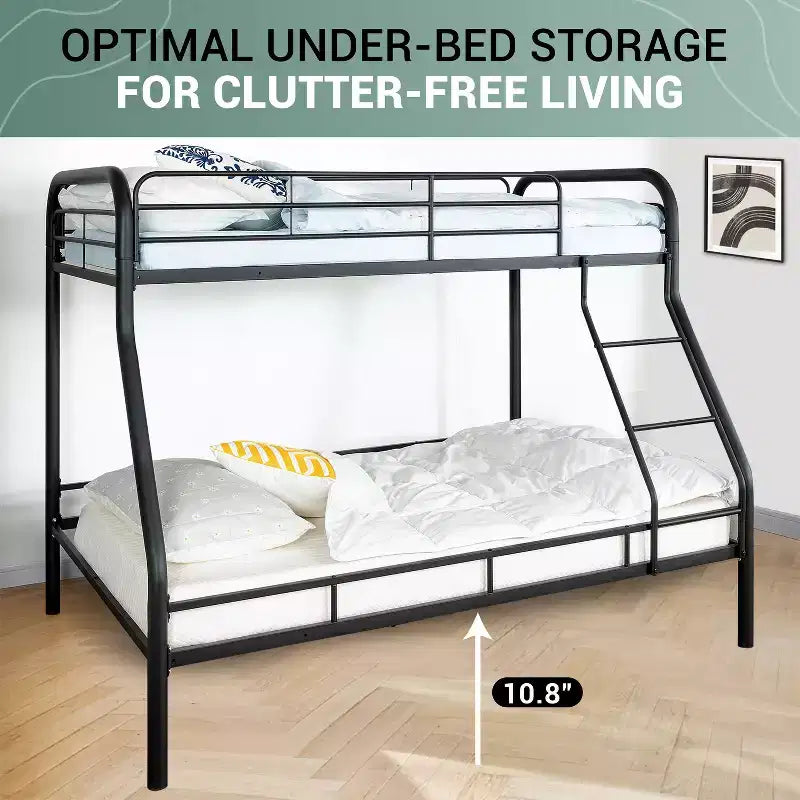 Vollmetall-Etagenbett mit niedrigem Sicherheitsdesign, Absturzsicherung, schräger Leiter und Stauraum unter dem Bett