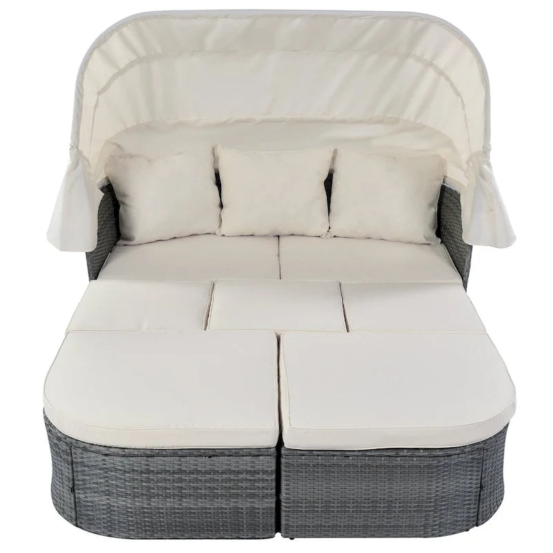 Graues Outdoor-Tagesbett aus Korbgeflecht mit Polstern und ausziehbarem Sonnendach