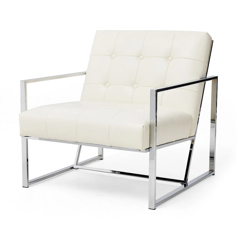 Glitzhome 77,5 cm hoher Mid-Century Akzentstuhl in Creme, PU-Leder mit Knopfheftung und verchromtem Gestell