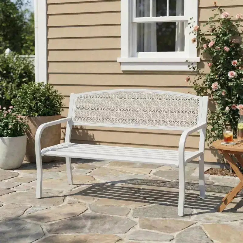 Gartenbank aus Metall für 2 Personen, Stahlbank mit geometrischer Rückenlehne für Terrasse, Garten und Veranda