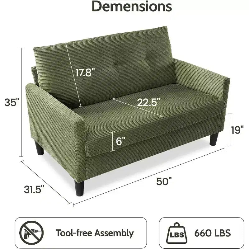 Dyonery 2-Sitzer-Sofa, Zweisitzer-Couch für Büro und kleine Räume, 61 cm tiefe Sitzfläche, FSC-zertifizierter Massivholzrahmen, werkzeugloser Aufbau