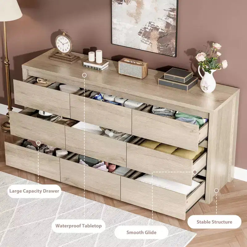 Kommode mit 9 Schubladen für das Schlafzimmer, breiter moderner Schubladenschrank aus Holz mit großem Stauraum, Holzkommode für Wohnzimmer, Flur und Eingangsbereich