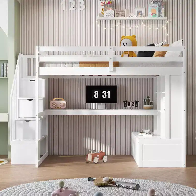 Full-Size-Hochbett mit Treppe und Schreibtisch, Hochbettgestell aus Holz mit Staufächern und Bücherregalen für Erwachsene, Teenager und Kinder