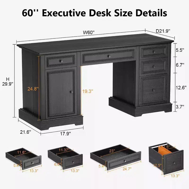 60-Zoll-Schreibtisch im Landhausstil fürs Homeoffice – Holzschreibtisch mit Schubladen und Stauraum im Schrank, rustikaler Schreibtisch für Arbeit und Studium
