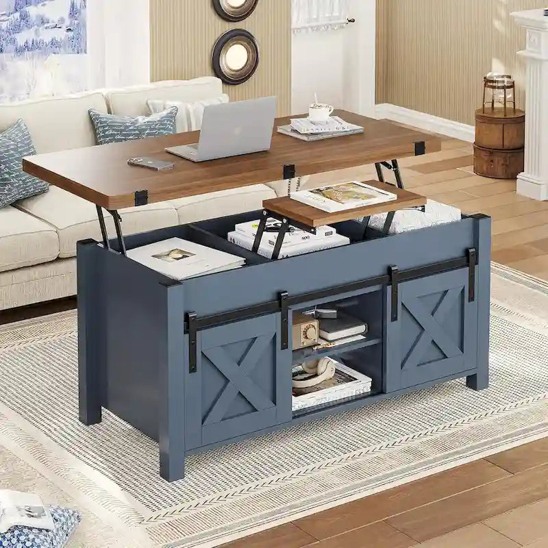 Couchtisch mit Hubplatte, 2 Schiebetüren im Scheunentor-Design und Stauraum, Esstisch