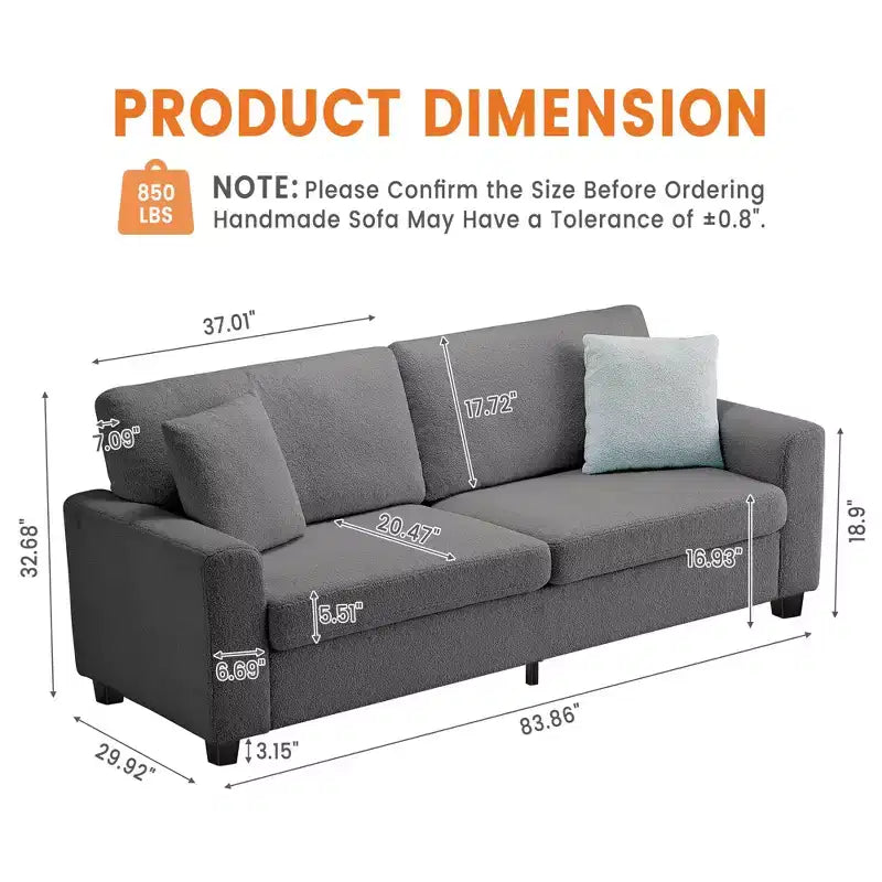 83W Modernes 3-Sitzer-Sofa mit tiefer Sitzfläche, weichem Stoff, breiter Armlehne, abnehmbarem, waschbarem Kissenbezug
