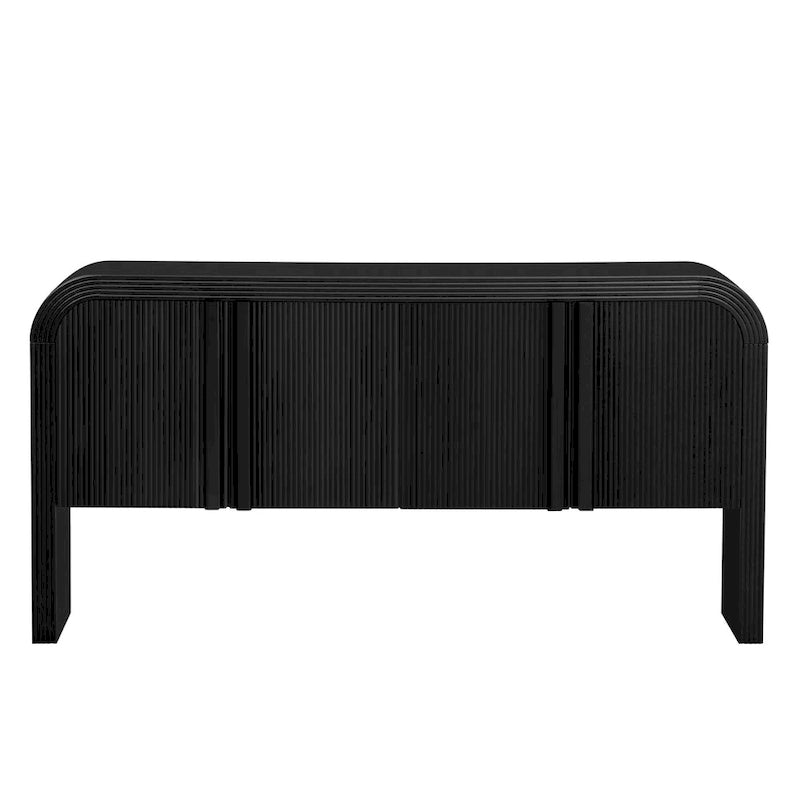 Geschwungenes Aufbewahrungsschrank-Sideboard mit 4 gestreiften Türen und verstellbaren Einlegeböden, moderner Flurschrank mit Kiefernholzbeinen