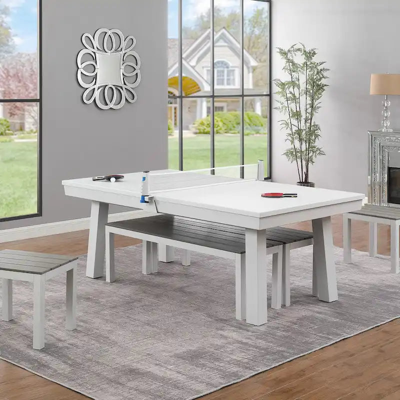 Norwalk Indoor/Outdoor 7-Fuß-Billardtisch in Schieferoptik, Esstischgarnitur für 6 Personen mit 4 Bänken und Zubehör, weißes Finish