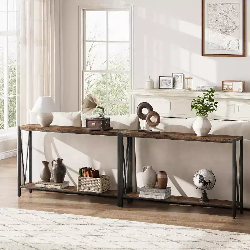 Konsolentisch, 110 cm (43 Zoll) 2-stöckiger Eingangstisch, schmaler Sofatisch mit Stauraum, für Wohnzimmer, Flur und Eingangsbereich