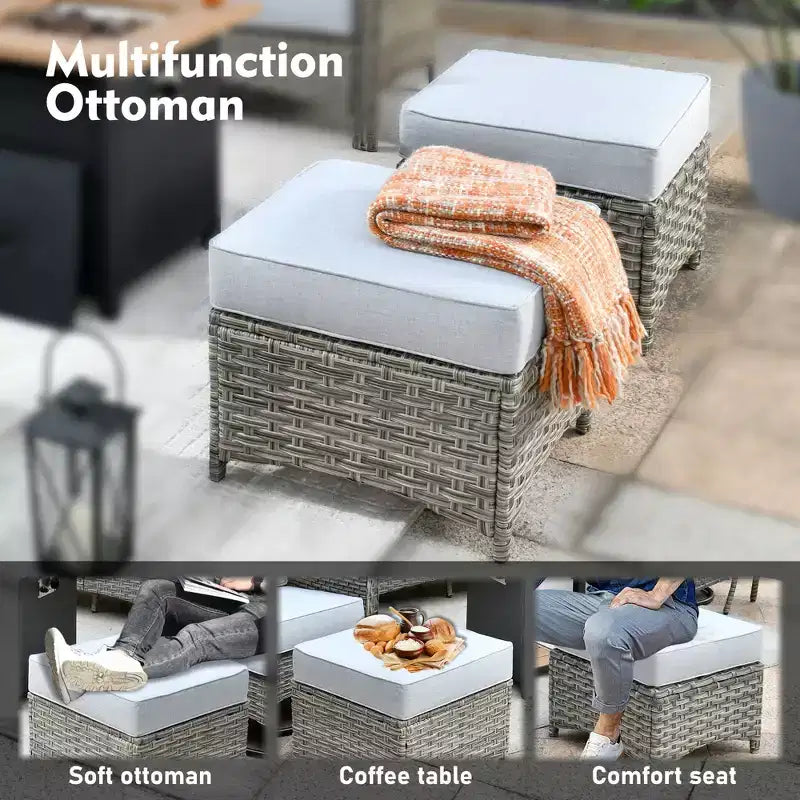 HOMLUX 6-teiliges Terrassen-Loungeset aus Polyrattan mit 3-Sitzer-Sofa und Polstern, Rattanstühlen, Hockern und Couchtisch