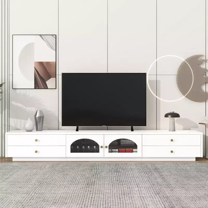 TV-Ständer für 95-Zoll-Fernseher, extra lange Medienkonsole mit 2 Türen und 4 Schubladen, großer TV-Schrank mit geriffelten Glastüren

