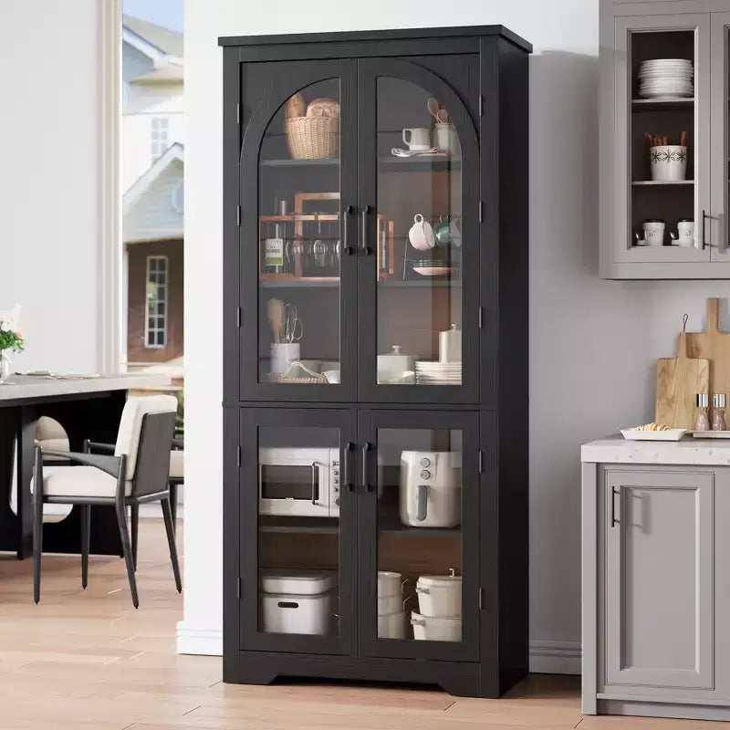 178 cm hoher Küchenschrank, moderner Vitrinenschrank mit 4 gewölbten Glastüren und verstellbaren Einlegeböden, für Küche, Wohnzimmer, Esszimmer, Badezimmer