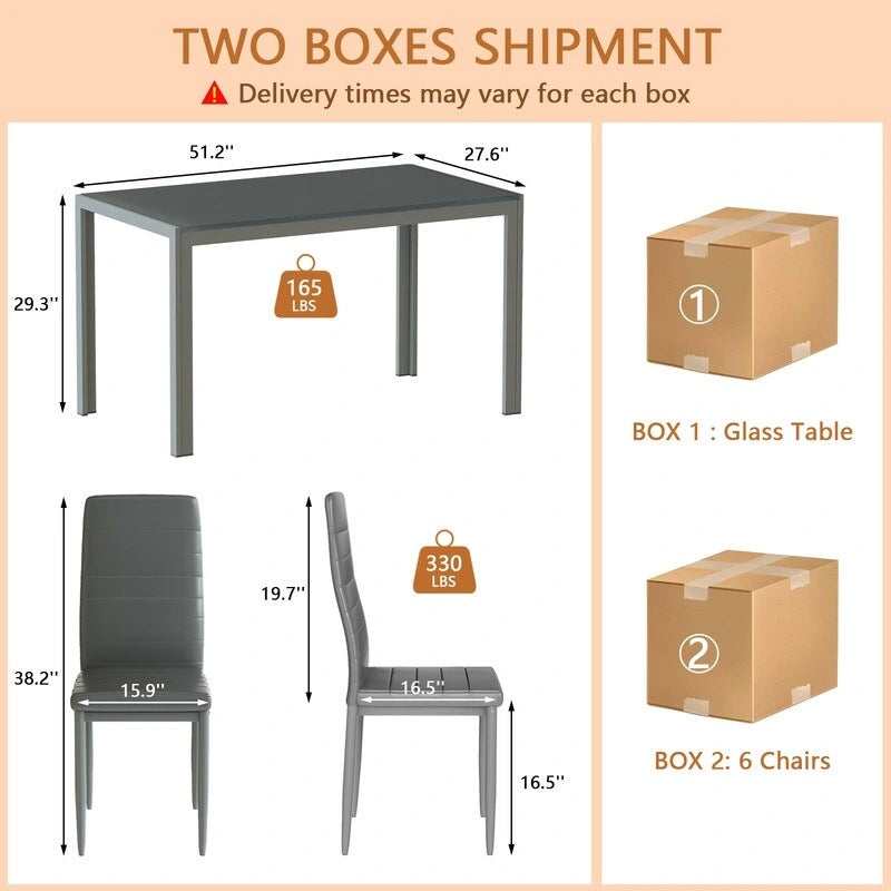 Grondin 7-teiliges Esszimmer-Set im modernen Stil mit Tischplatte aus gehärtetem Glas und 6 Stühlen mit PU-Lederpolsterung