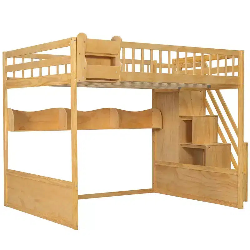 Queen-Hochbettgestell mit Treppe, Kleiderschrank & Regalen - MDF, 650 lb