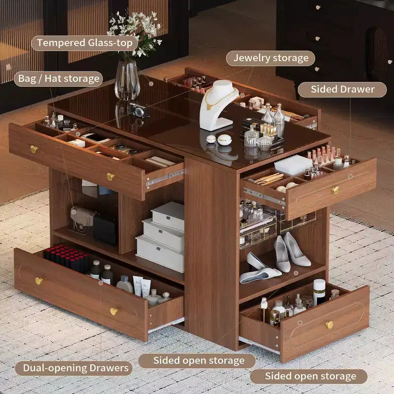 Kleiderschrank-Insel mit 6 Schubladen, Glas-Präsentationsplatte & offenen Regalen