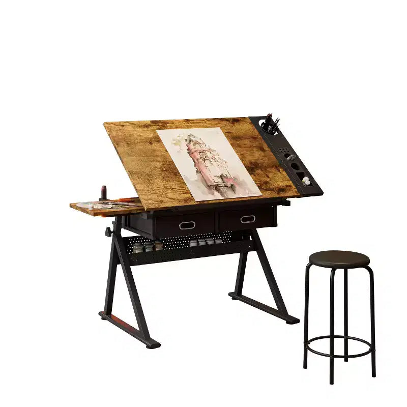 Verstellbarer Zeichen- und Tischesschreibtisch mit 2 Schubladen für Homeoffice und Schule mit Hocker (braun)