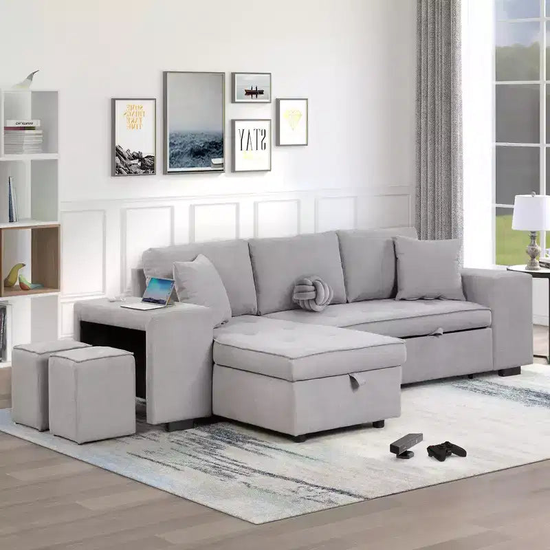 104,5 Zoll L-förmige Schlafcouchgarnitur mit Stauraum-Chaiselongue und 2 Hockern – 3-Sitzer-Schlafsofa mit Schlaffunktion für das Wohnzimmer