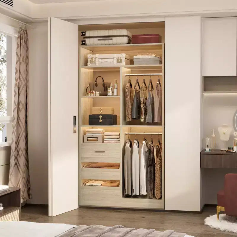 Schrank-Organizer mit Holzschubladen, freistehendes Schranksystem mit Kleiderstangen