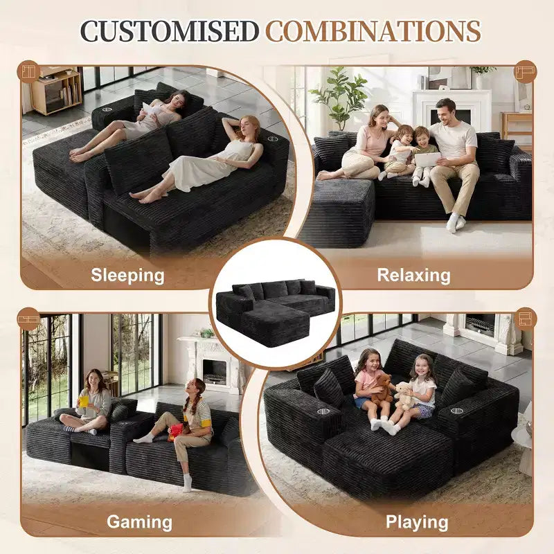 Celebalcony 103 modulares, rahmenloses Ecksofa, L-förmige Récamiere mit 2 Getränkehaltern, weiches Cord-Cloud-Sofa für das Wohnzimmer, keine Montage erforderlich
