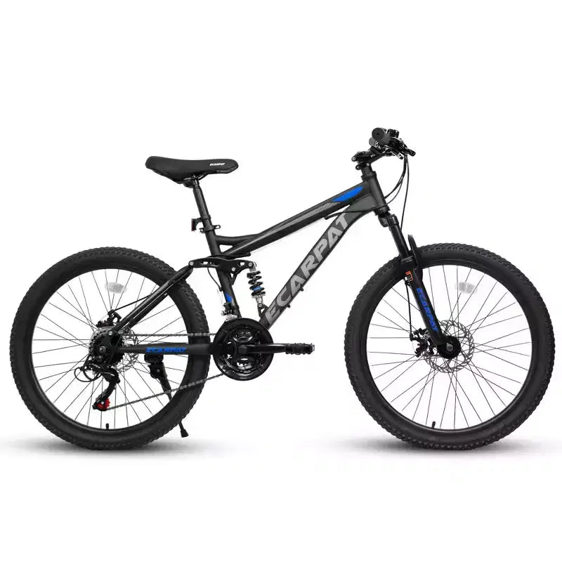 Okak 24 Zoll Mountainbike aus Karbonstahl mit Vollfederung, Herrenfahrrad mit 21-Gang-Schalthebel und Scheibenbremsen, Fahrrad für Kinder & Erwachsene