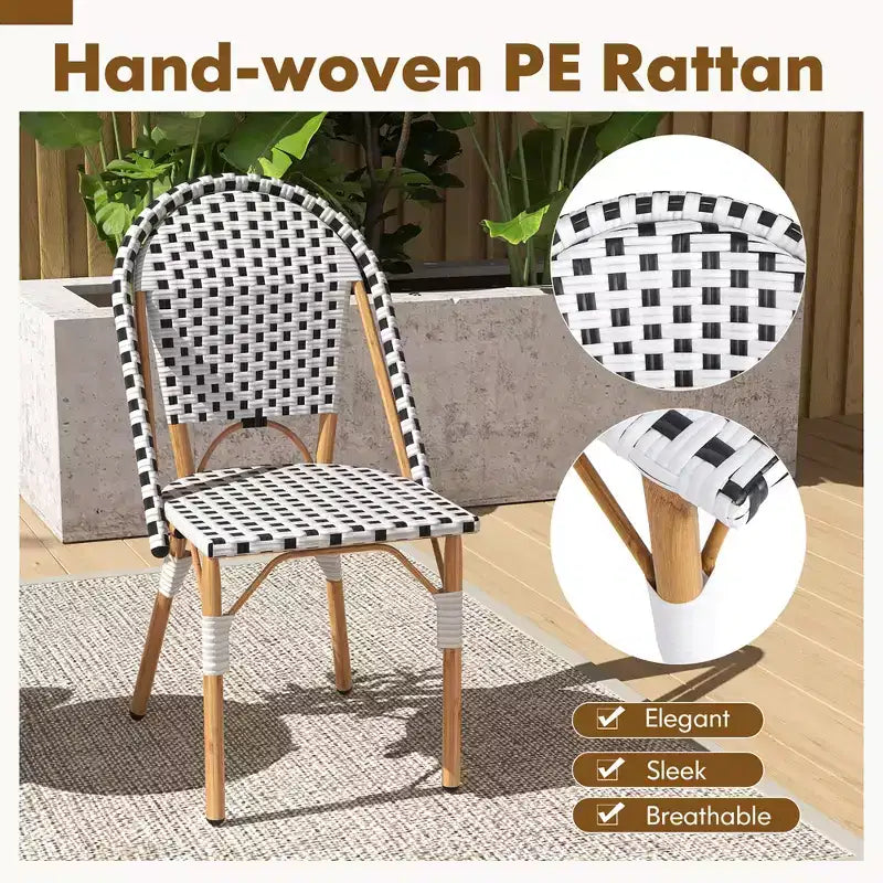 Costway Französischer Bistrostuhl 4er-Set mit handgeflochtenem Rattan und verzinktem Metallrahmen für den Außenbereich