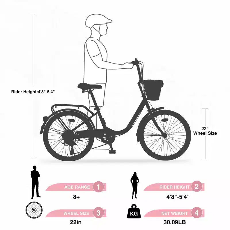 Okak 22-Zoll-Cruiser-Fahrräder mit Frontkorb, Mädchenfahrrad mit Stahlrahmen, V-Bremse und Komfortsattel, Fahrrad für Mädchen und Frauen