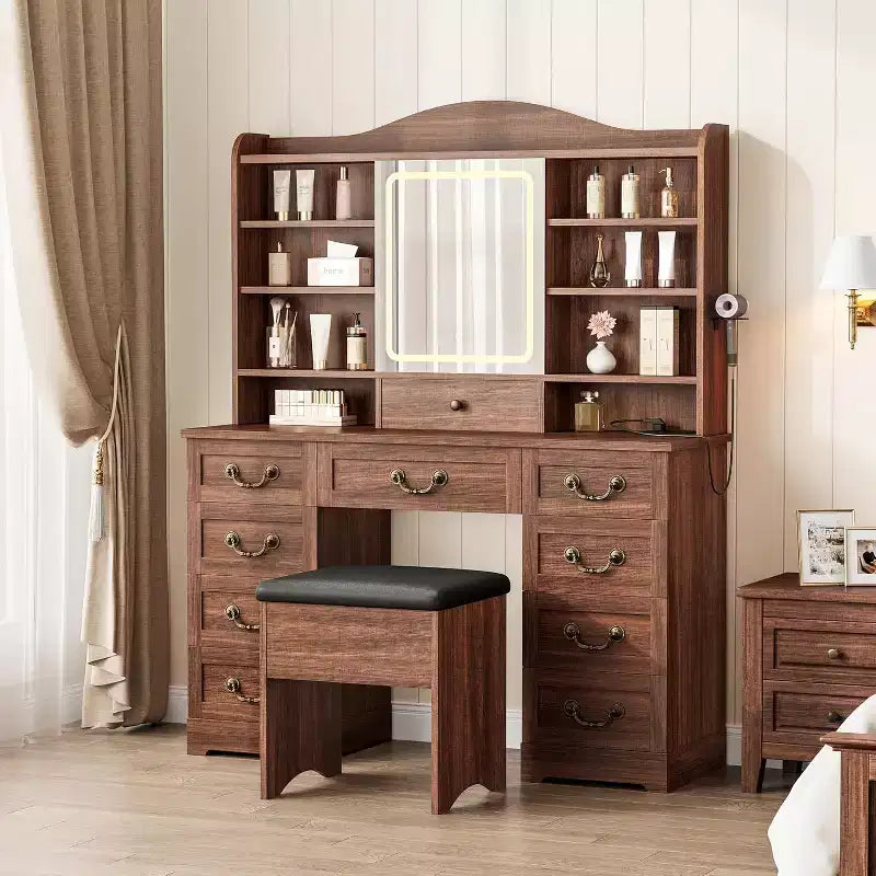 Schminktisch mit 10 Schubladen und Spiegel, Walnussholz-Optik mit 10 Ablagen und Hocker, fürs Schlafzimmer, einfache Montage