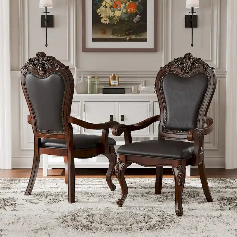 Furniture of America Eugene Traditionelle Esszimmer-Armstühle aus Massivholz mit Ziernagelbesatz und Cabriole-Beinen (2er-Set)