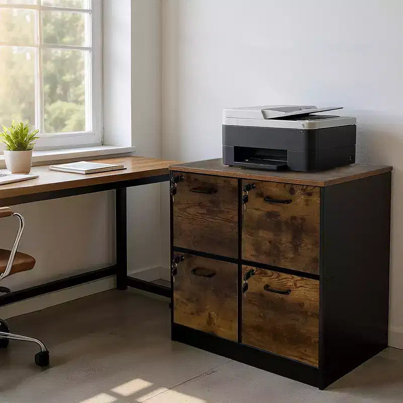 4-Schubladen-Aktenschrank mit Schloss, Druckerständer, Holz-Aktenschränke fürs Homeoffice, Aufbewahrungsorganizer mit verstellbarer Hängeleiste