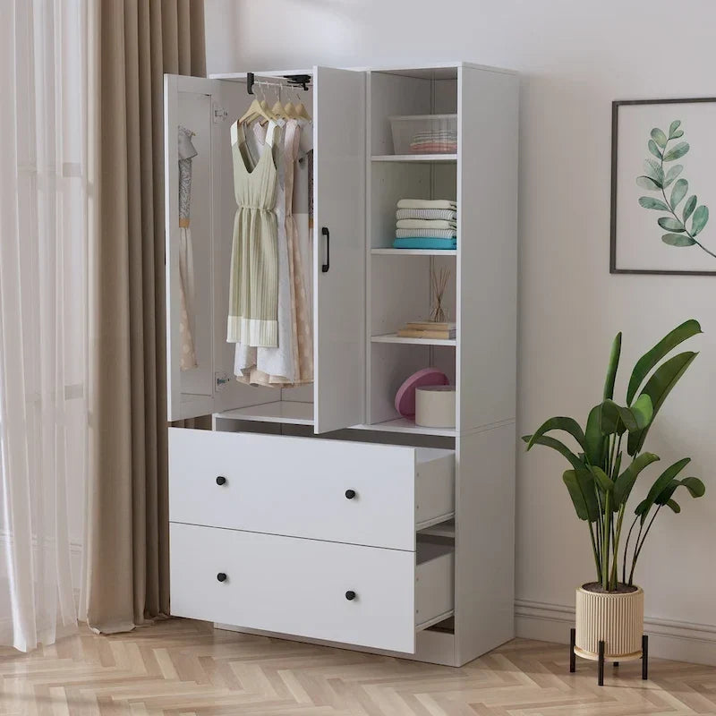 Kleiderschrank mit Spiegel, verstellbarer Kleiderstange und platzsparendem Design