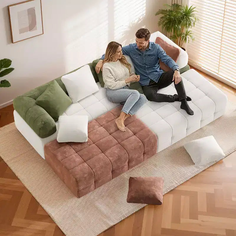 280 cm breites, modulares 4-Sitzer-Sofa aus Chenille im Colorblock-Design mit geschwungenen Armlehnen