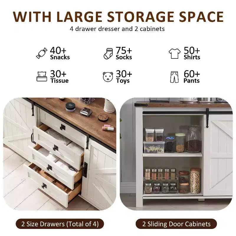 SinCiDo Farmhouse 60-cm-Schminktisch mit verschiebbarer Scheunentür und 4 Schubladen, Schubladenschrank für Wohnzimmer, Schlafzimmer und Kaffeebar