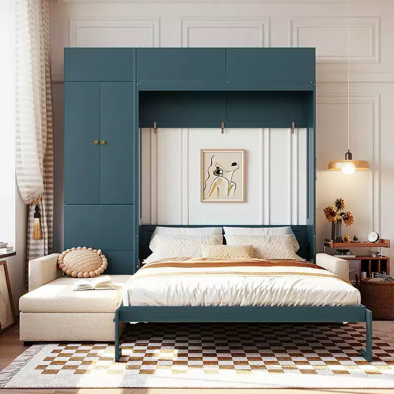 Schrankbett in Queen-Size mit Sofa und Schrank, hölzernes Queen-Size-Schrankbett als Wandbett mit Regalen, klappbares Wand-Schrankbett für Gästezimmer und Büro
