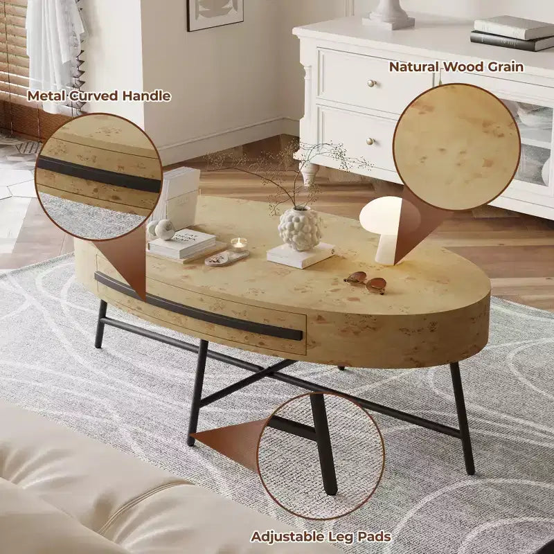 Ovaler Couchtisch mit Schublade, Mid-Century Modern Wohnzimmertisch 120 cm, Holztisch mit Stauraum und gekreuzten Metallbeinen, geschwungenes Design