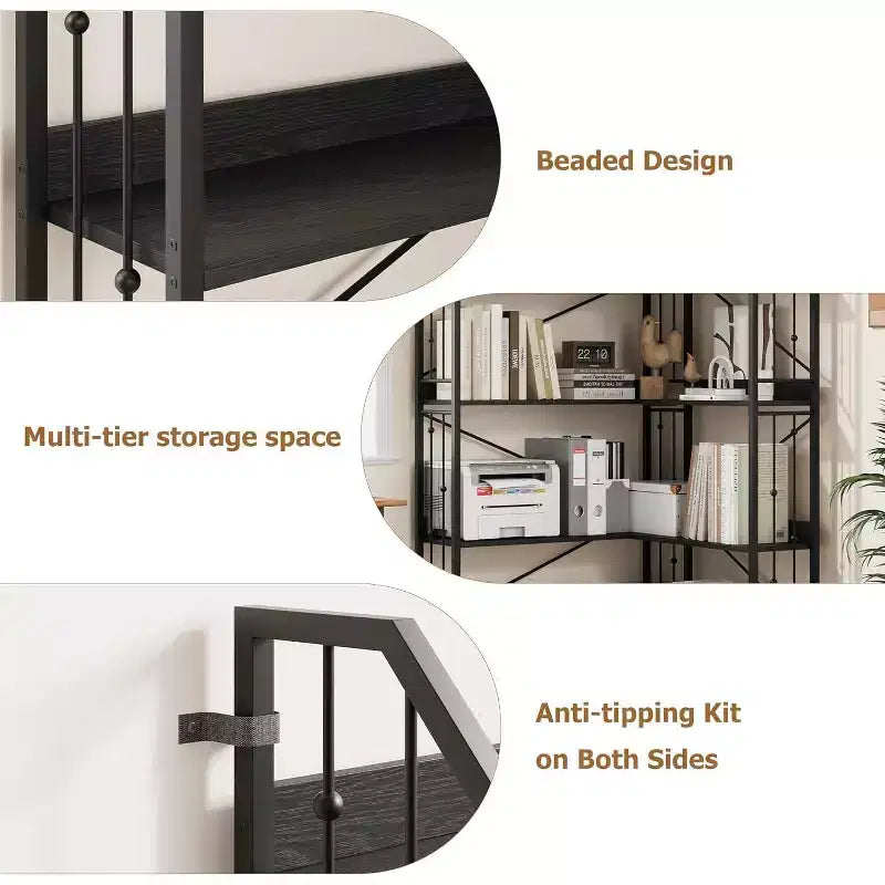 L-förmiges Eckregal, Industrie-Design Eckregal, fünfetagiges L-förmiges Bücherregal mit Perlen-Dekor, geeignet für Wohnzimmer