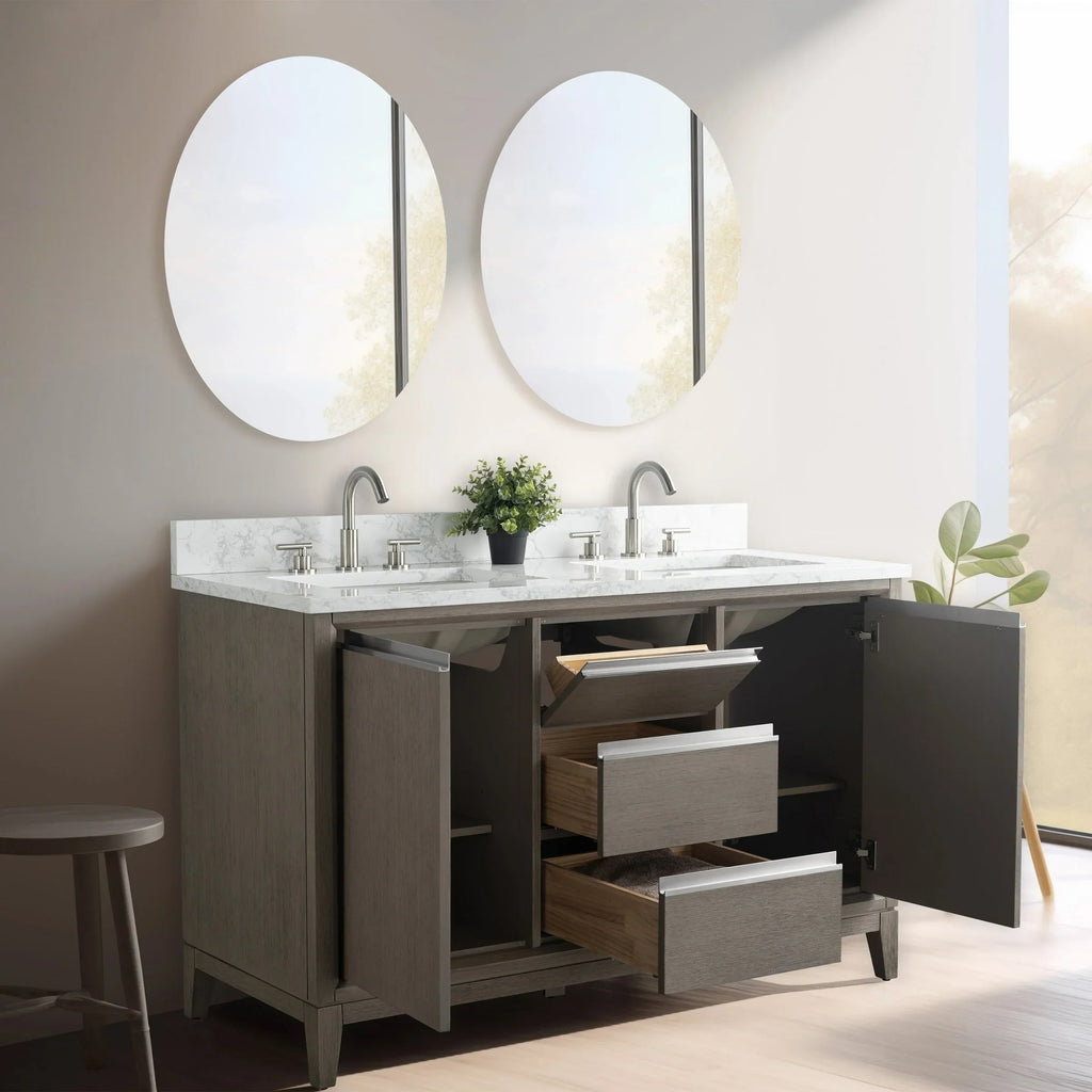 Vanity Art Badezimmerschrank mit Keramikwaschbecken und Platte aus technischem Marmor