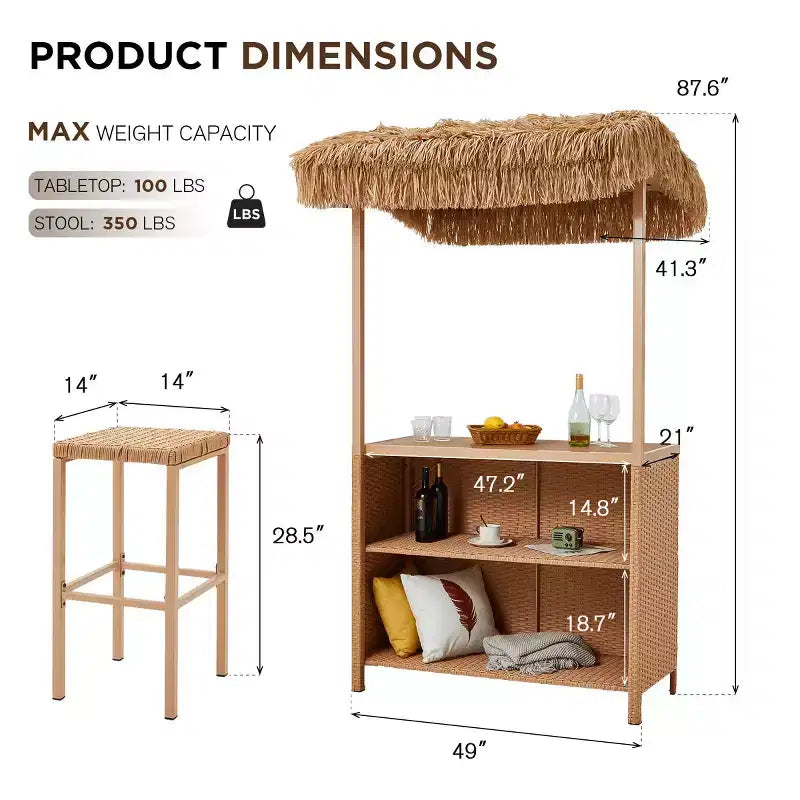 EROMMY Outdoor Tiki-Bar-Set, Rattan-Terrassenbar mit 2 Barhockern, Ablagefach für Hinterhof, Poolbereich und Garten