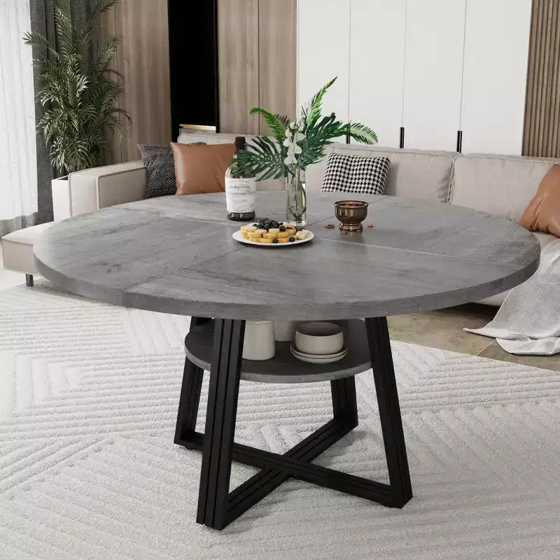 Runder Esstisch für 4-6 Personen, 47 Küchen-Esstisch mit Ablagefach, Holztisch mit Metallgestell für Zuhause und Wohnzimmer, ohne Stühle