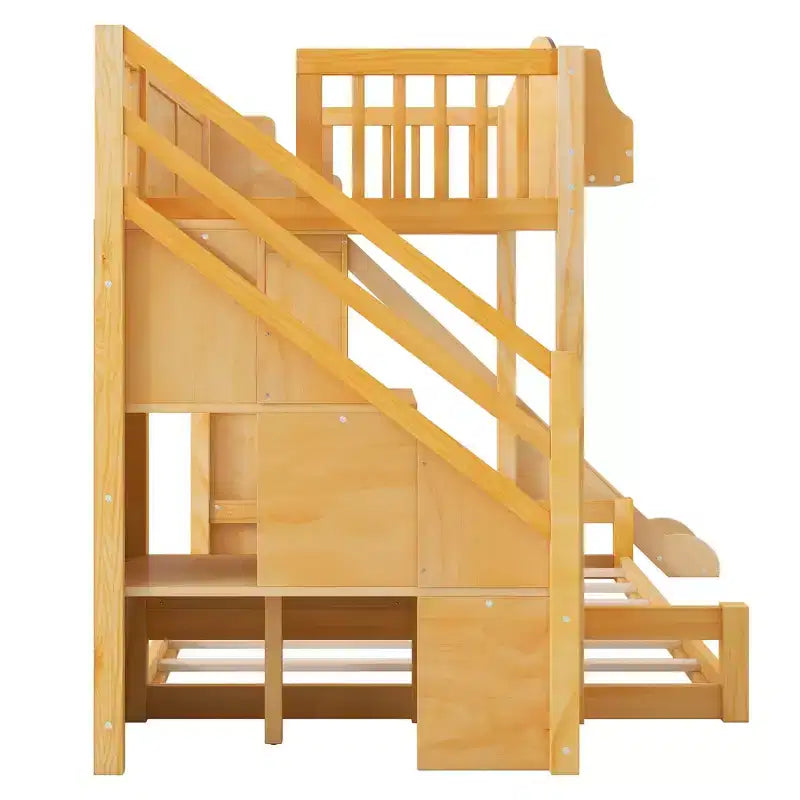 Etagenbett (90x200 cm oben / 140x200 cm unten) mit Rutsche, Regalen, Treppe mit Stauraum und Kleiderschrank für das Kinderzimmer