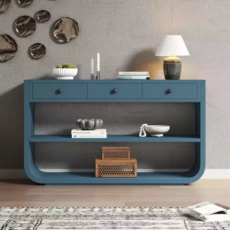 ModernLuxe geschwungener Konsolentisch, Flurtisch, Sofabeistelltisch, Präsentationsständer, Akzenttisch mit 3 Soft-Close-Schubladen & 2 offenen Ablagen