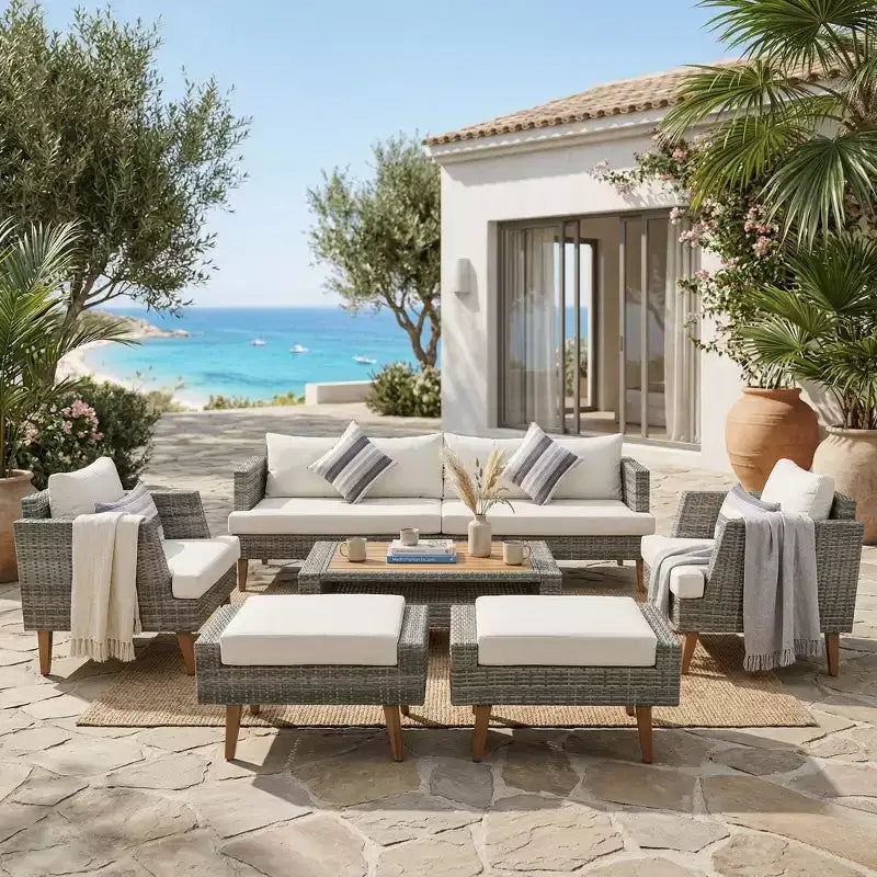 Whisen 6-teiliges Allwetter-PE-Geflecht-Sofaset, Outdoor-Rattan-Sofa mit Doppelkissen
