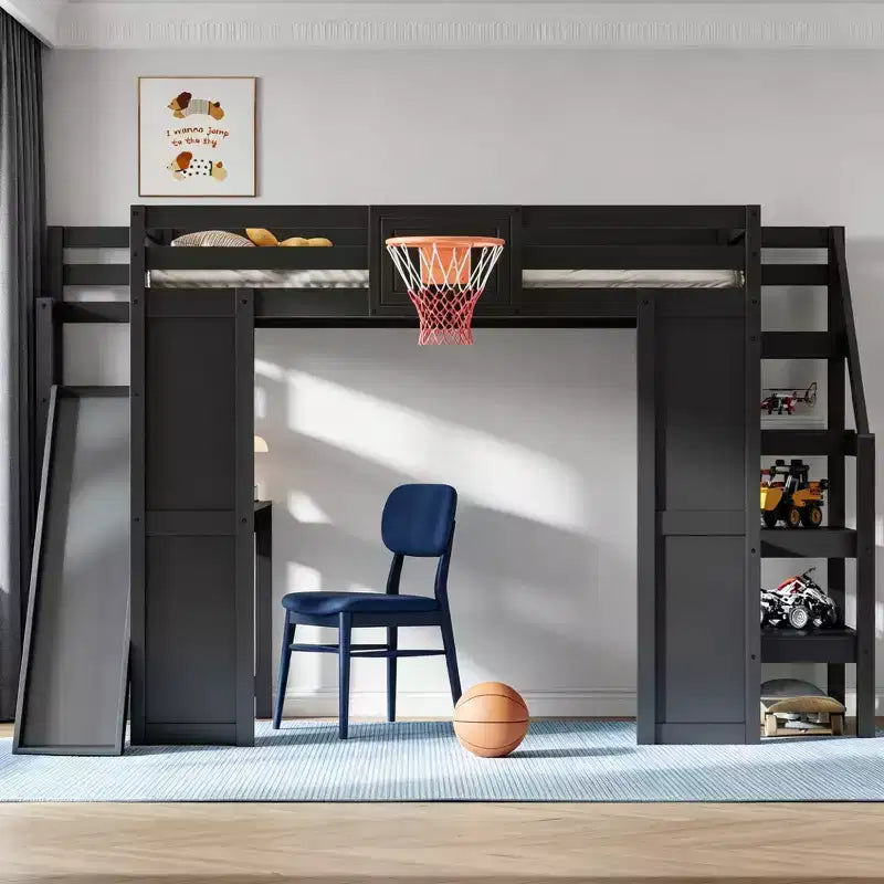 Luxystar Komplettes Hochbett aus Holz mit Schreibtisch, Rutsche, Basketballkorb und Aufbewahrungstreppe für Kinder und Jugendliche